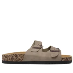 Sandalias planas grises con dos hebillas ajustables y suela de corcho