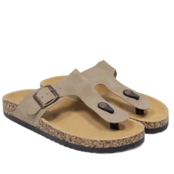 Sandalias planas grises con hebilla ajustable y suela de corcho