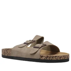 Sandalias planas grises con dos hebillas ajustables y suela de corcho