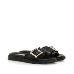 Sandalias planas Maria Mare fraine negras con hebilla brillante decorativa