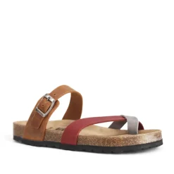 Sandalias planas marrones y rojas con ajuste con hebilla de piel