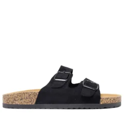 Sandalias planas negras con dos hebillas ajustables y suela de corcho