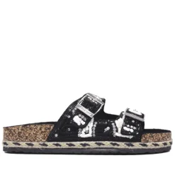 Sandalias planas negras con abalorios y doble tira con hebilla