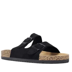 Sandalias planas negras con dos hebillas ajustables y suela de corcho
