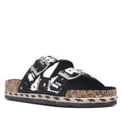 Sandalias planas negras con abalorios y doble tira con hebilla