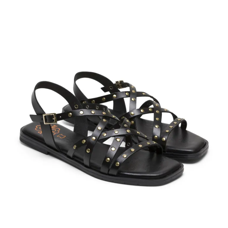 Sandalias planas Porronet victoria negras de piel con tiras cruzadas y tachuelas