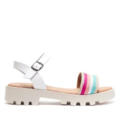 sandalias QUETS! blancas con suela dentada y banda multicolor