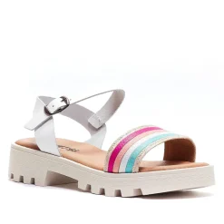 sandalias QUETS! blancas con suela dentada y banda multicolor