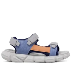 sandalias Quets! estilo deportiva con tres velcros en azul, naranja y gris