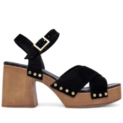 Sandalias tacón Redlove Julia negras con plataforma de madera y tiras cruzadas