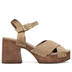 Sandalias tacón Redlove Julia marrones con plataforma de madera y tiras cruzadas