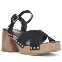 Sandalias tacón Redlove Julia negras con plataforma de madera y tiras cruzadas