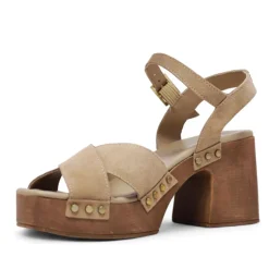 Sandalias tacón Redlove Julia marrones con plataforma de madera y tiras cruzadas