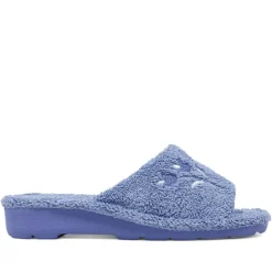 Zapatillas casa BEREVERE azules abiertas por deltante con cuña y flores bordadas