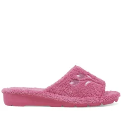 Zapatillas casa BEREVERE rosas abiertas por delante con cuña y flores bordadas