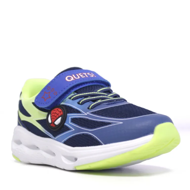 Zapatillas deporte QUETS! azules y amarillas con detalle de Spiderman y luces