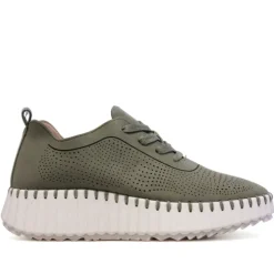 Zapatos cuña Walk & Fly verdes caqui de piel vegana perforada